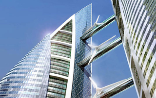 Illustration for article titled Three Giant Wind Turbines Turned On at Once at Bahrain World Trade Center